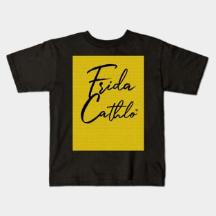 Yellow Text B back Cat Frida Cathlo version of - Frida Kahlo Kids T-Shirt